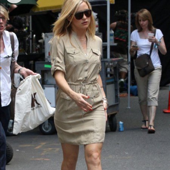 Military button khaki lightweight dress w/pockets, attached drawstring belt L - Picture 5 of 7